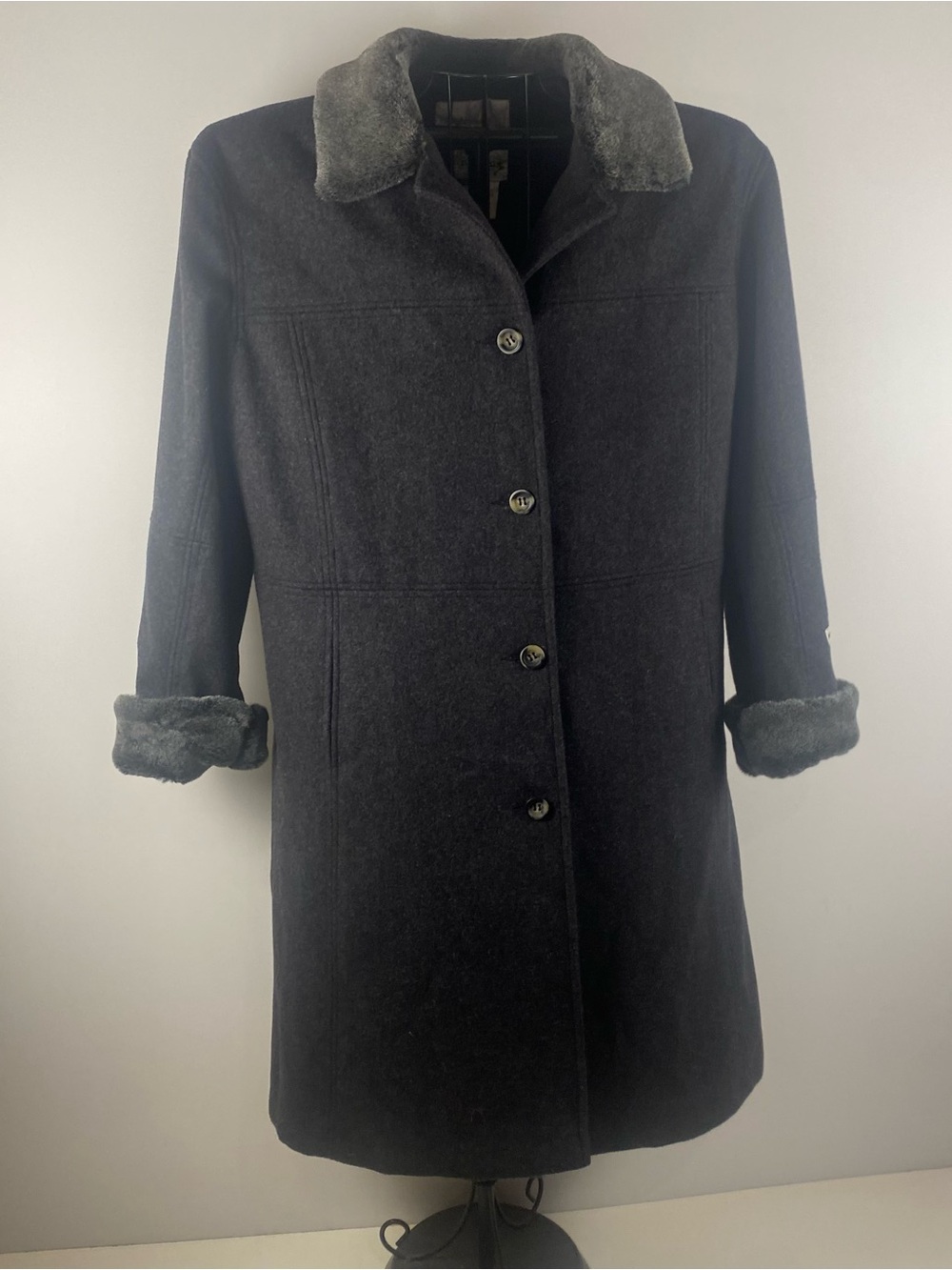 Vintage Andrea Collection Black Wool Blend Faux Fur Trim Coat Size 16